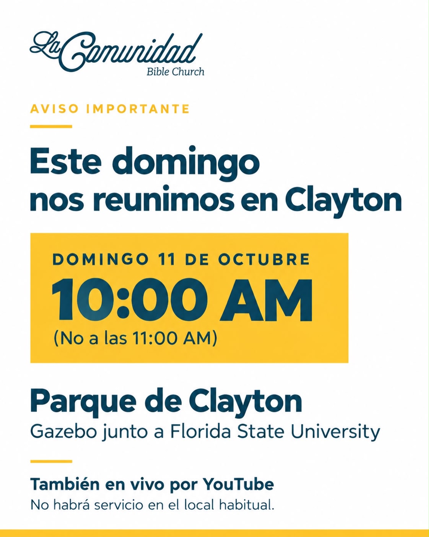 Hola querida familia de La Comunidad Bible Church 🤍Esperamos que todos se encuentren bien y a salvo. Estos últimos dos días han sido difíciles debido al terremoto y las réplicas que hemos experimentado.Por la seguridad de nuestra comunidad hemos decidido no realizar nuestro servicio de mañana en nuestro local habitual. Sin embargo, creemos que es importante reunirnos como familia de la iglesia para adorar, orar y animarnos unos a otros durante este tiempo tan desafiante.Domingo 11 de octubre
10:00 AM (NO a las 11:00 AM)
📍 Parque de Clayton – Gazebo junto a Florida State University
💻 También transmitiremos EN VIVO por YouTube¡Queremos verlos presencialmente si tienen la posibilidad de acompañarnos! Si no pueden asistir, los animamos a conectarse en línea.Sigamos orando unos por otros y confiando en el Señor durante este tiempo.«El que habita al abrigo del Altísimo morará bajo la sombra del Omnipotente. Diré yo a Jehová: Esperanza mía, y castillo mío; mi Dios, en quien confiaré» Salmo 91:1–2 (RVR1960)